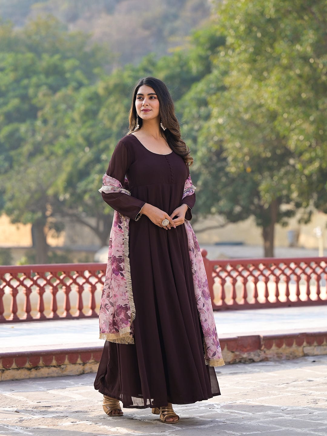 Varanga Coffee Brown Anarkali Kurta Paired With Contrast Dupatta