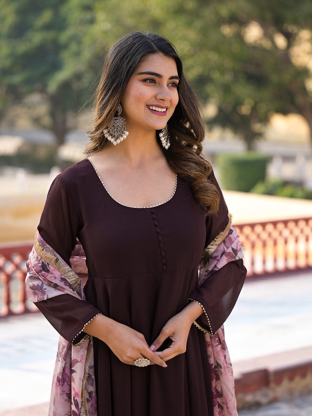Varanga Coffee Brown Anarkali Kurta Paired With Contrast Dupatta
