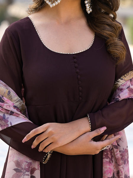 Coffee Brown Round Neck With Potli Button Detailed, Long Sleeves Anarkali  Kurta Paired With Contrast Printed Dupatta With Four Sided Fringes – Varanga
