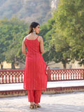 Varanga Women Women Pink Floral Printed Round Neck Gota Embellished Anarkali Kurta Paired With Tonal Bottom And Chiffon Solid Dupatta