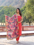 Varanga Women Women Pink Floral Printed Round Neck Gota Embellished Anarkali Kurta Paired With Tonal Bottom And Chiffon Solid Dupatta