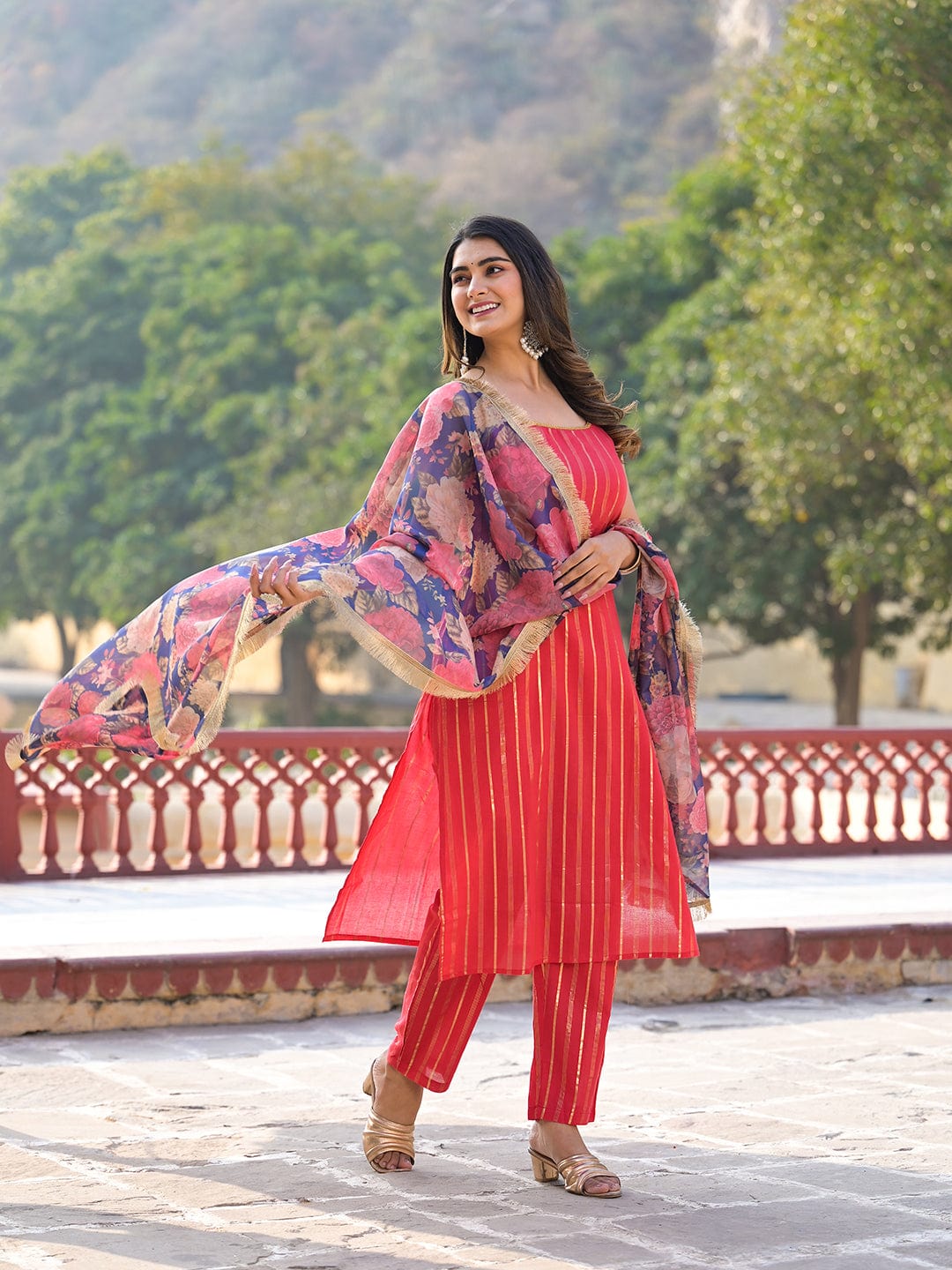 Varanga Women Women Pink Floral Printed Round Neck Gota Embellished Anarkali Kurta Paired With Tonal Bottom And Chiffon Solid Dupatta
