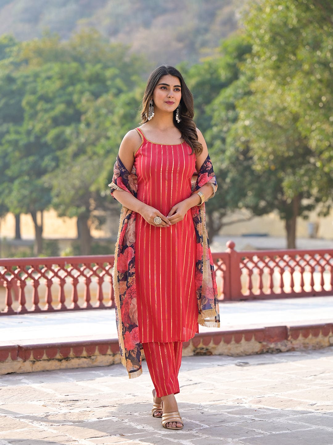 Varanga Women Women Pink Floral Printed Round Neck Gota Embellished Anarkali Kurta Paired With Tonal Bottom And Chiffon Solid Dupatta