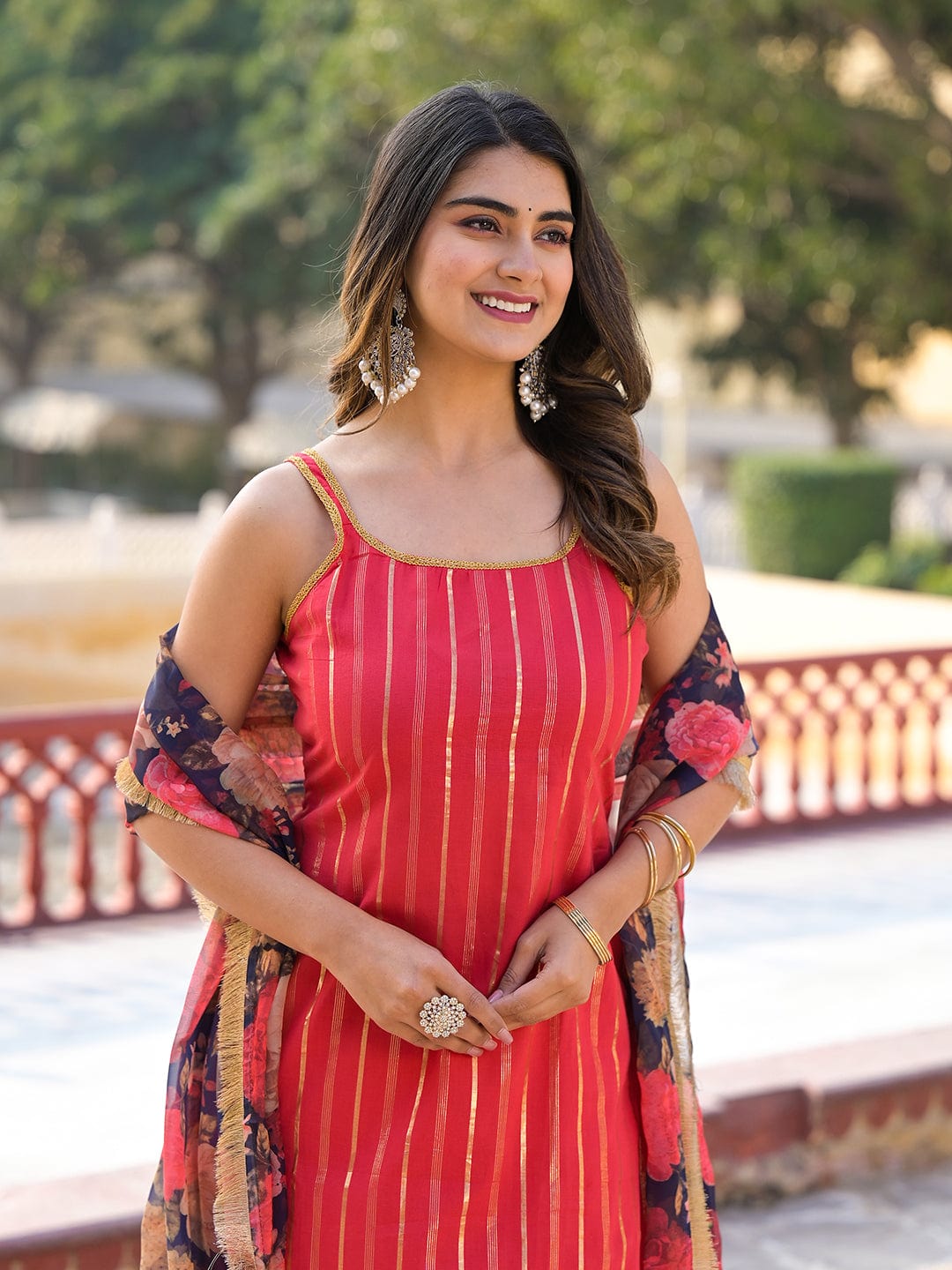 Varanga Women Women Pink Floral Printed Round Neck Gota Embellished Anarkali Kurta Paired With Tonal Bottom And Chiffon Solid Dupatta