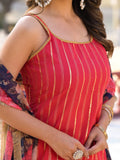 Varanga Women Women Pink Floral Printed Round Neck Gota Embellished Anarkali Kurta Paired With Tonal Bottom And Chiffon Solid Dupatta