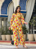 Varanga Women Yellow Floral Printed Notch Collar V-Neck Co-Ords