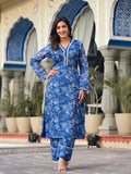 Varanga Women Blue Kota Check Floral Printed Kurta With Bottom