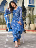 Varanga Women Blue Kota Check Floral Printed Kurta With Bottom
