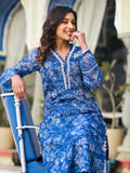 Varanga Women Blue Kota Check Floral Printed Kurta With Bottom