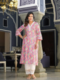 Varanga Women Pink Floral Printed V- Neckline Lace Detailed Stright Kurta