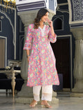 Varanga Women Pink Floral Printed V- Neckline Lace Detailed Stright Kurta