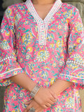 Varanga Women Pink Floral Printed V- Neckline Lace Detailed Stright Kurta