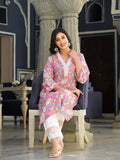 Varanga Women Pink Floral Printed V- Neckline Lace Detailed Stright Kurta