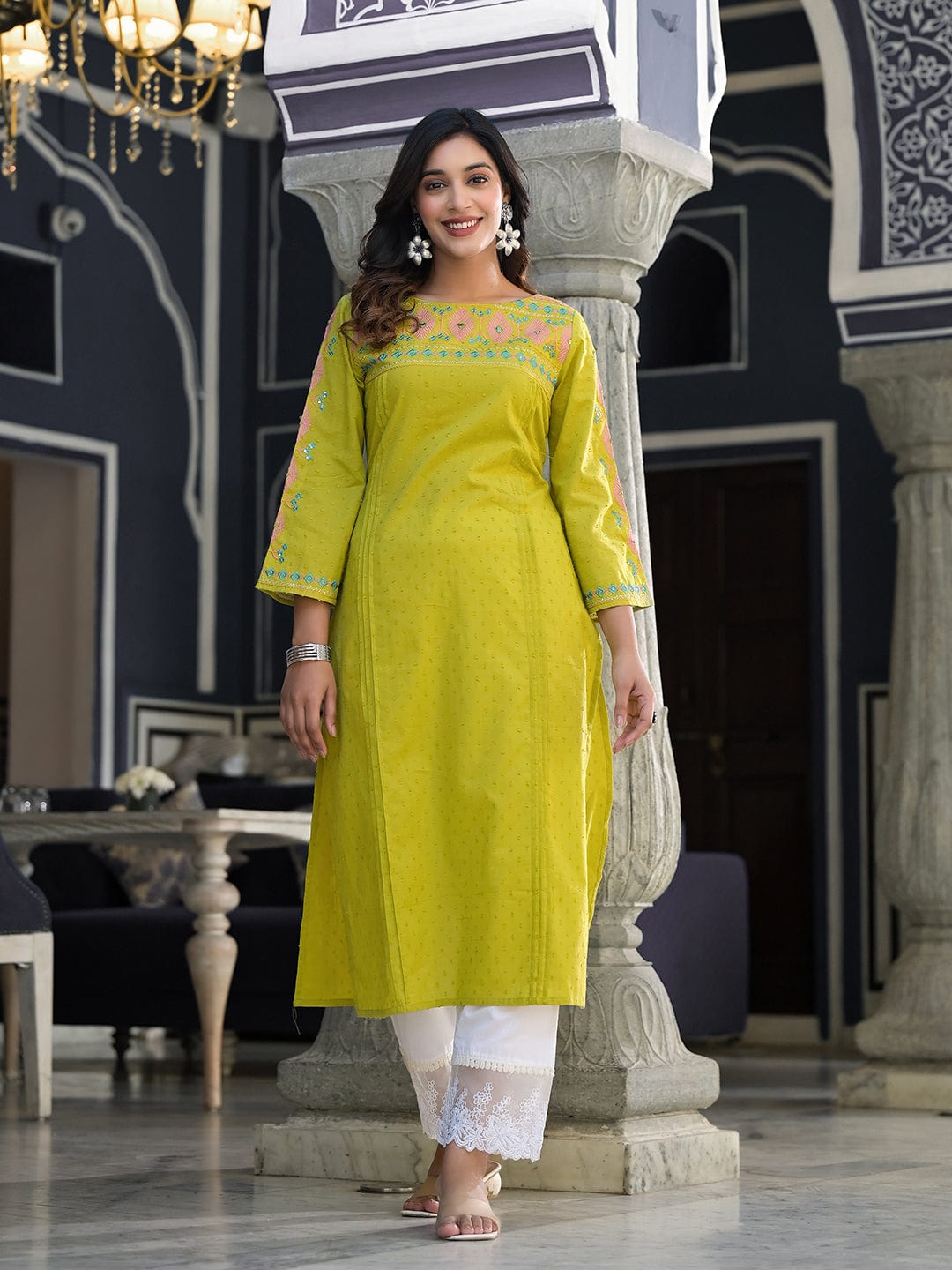 Varanga Women Lime Green Embellished Round Neck Straight Kurta