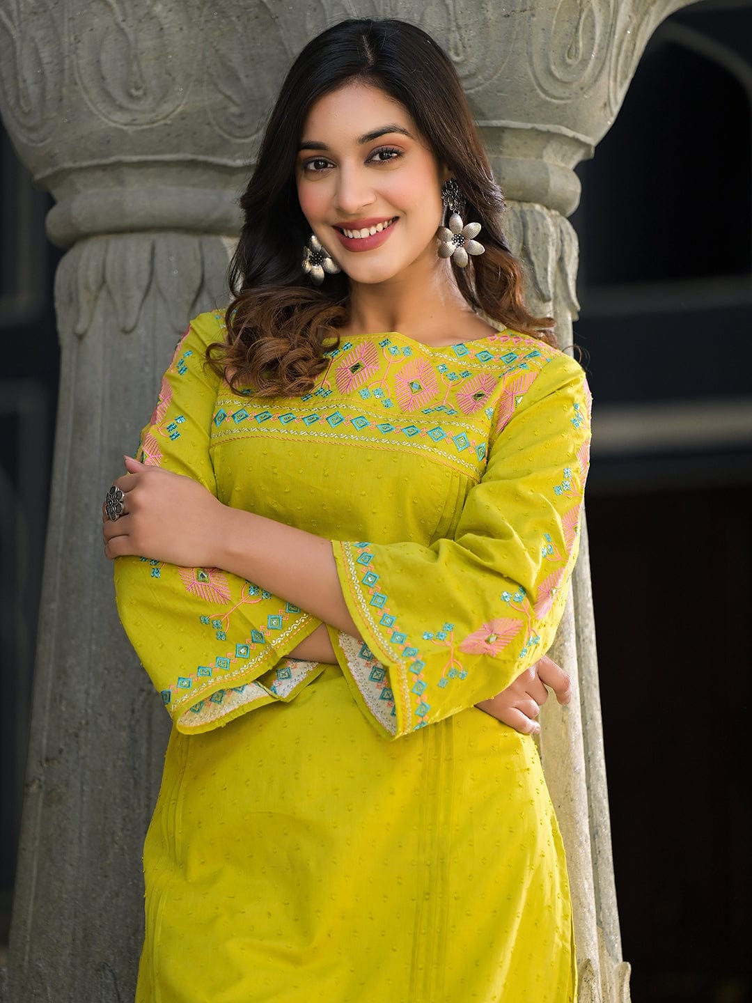 Varanga Women Lime Green Embellished Round Neck Straight Kurta