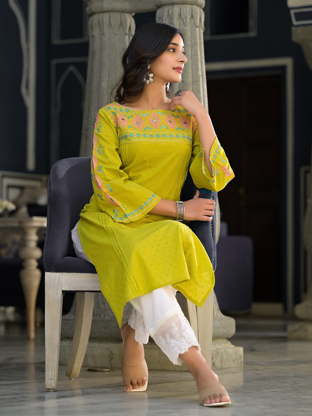 Varanga Women Lime Green Embellished Round Neck Straight Kurta