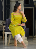 Varanga Women Lime Green Embellished Round Neck Straight Kurta