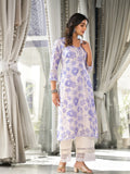 Varanga Women Lavender Floral Printed V- Neck Three Quarter Sleeve Straight Kurta.