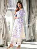 Varanga Women Lavender Floral Printed V- Neck Three Quarter Sleeve Straight Kurta.