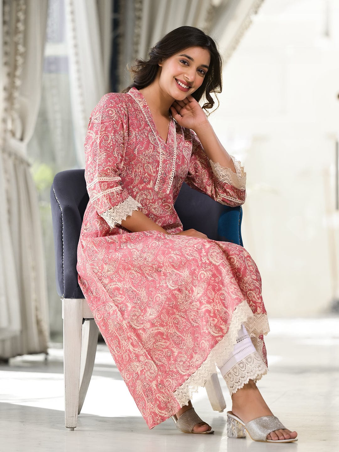 Varanga Women Peach Paisley Printed Lace Embellished  A-Line Kurta