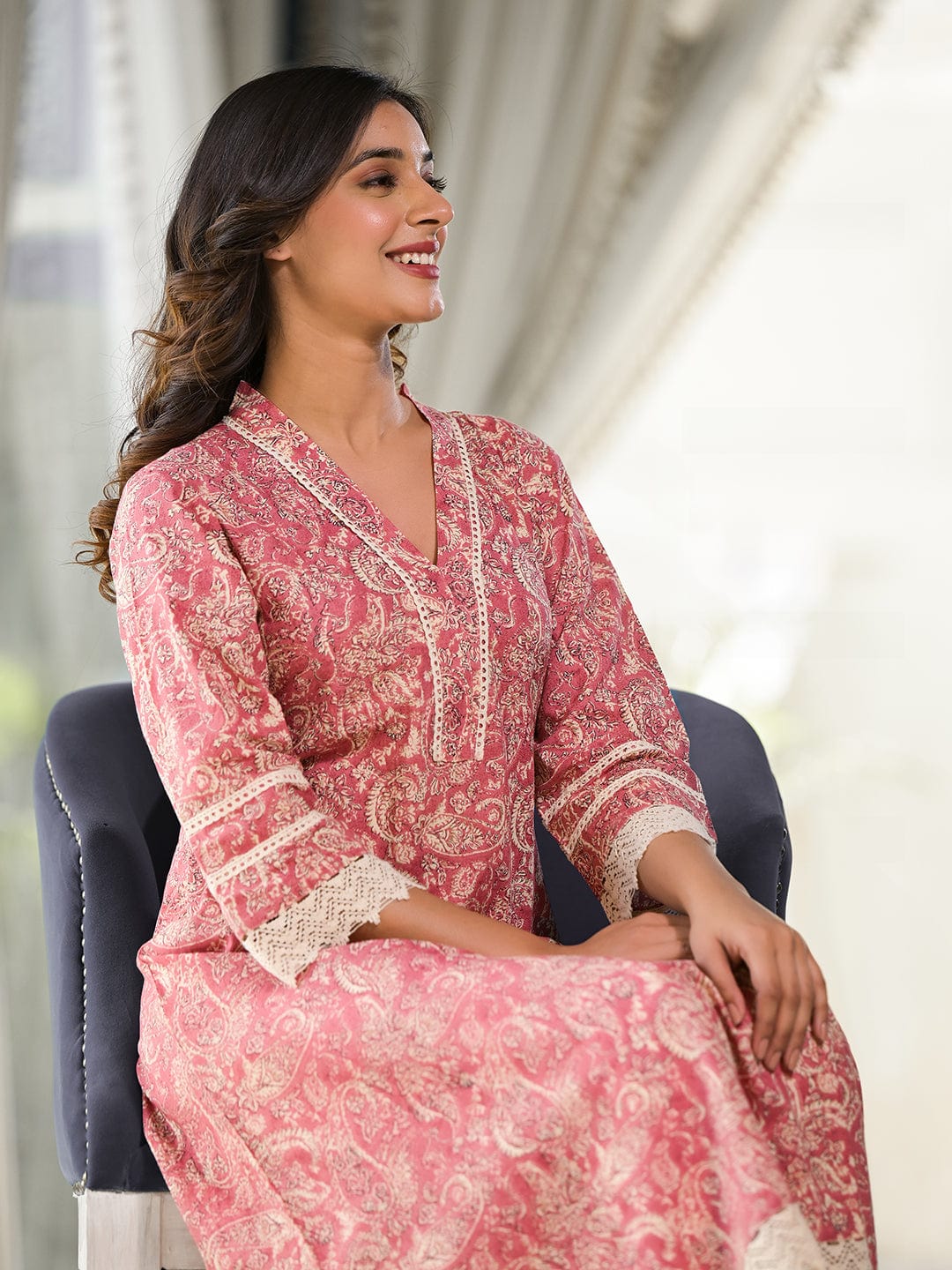 Varanga Women Peach Paisley Printed Lace Embellished  A-Line Kurta