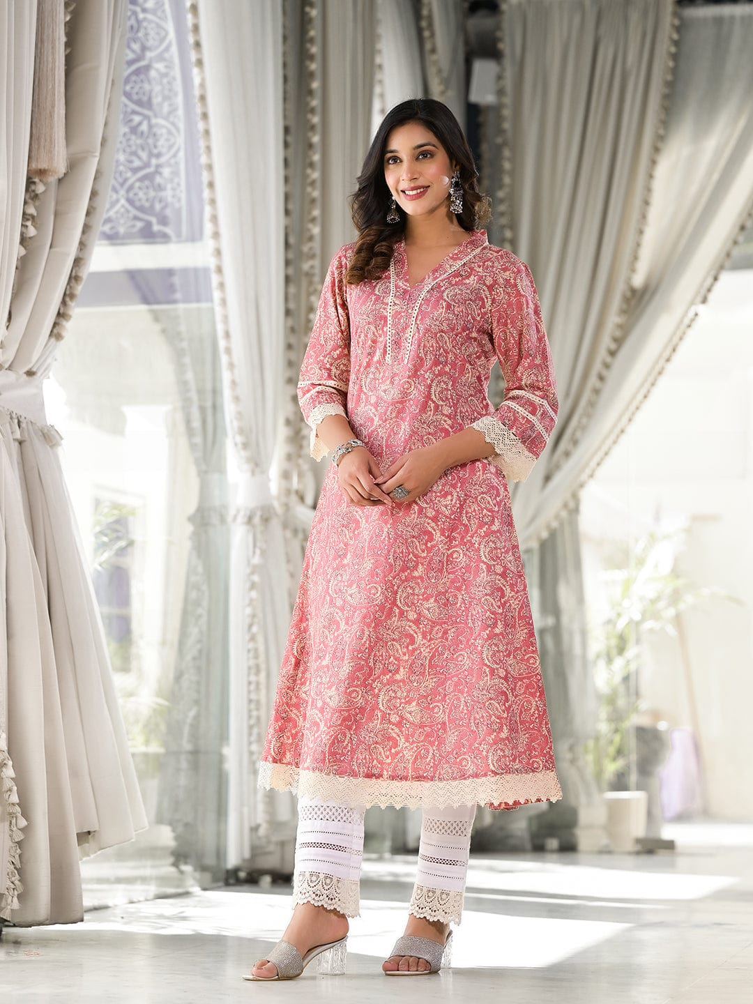 Varanga Women Peach Paisley Printed Lace Embellished  A-Line Kurta
