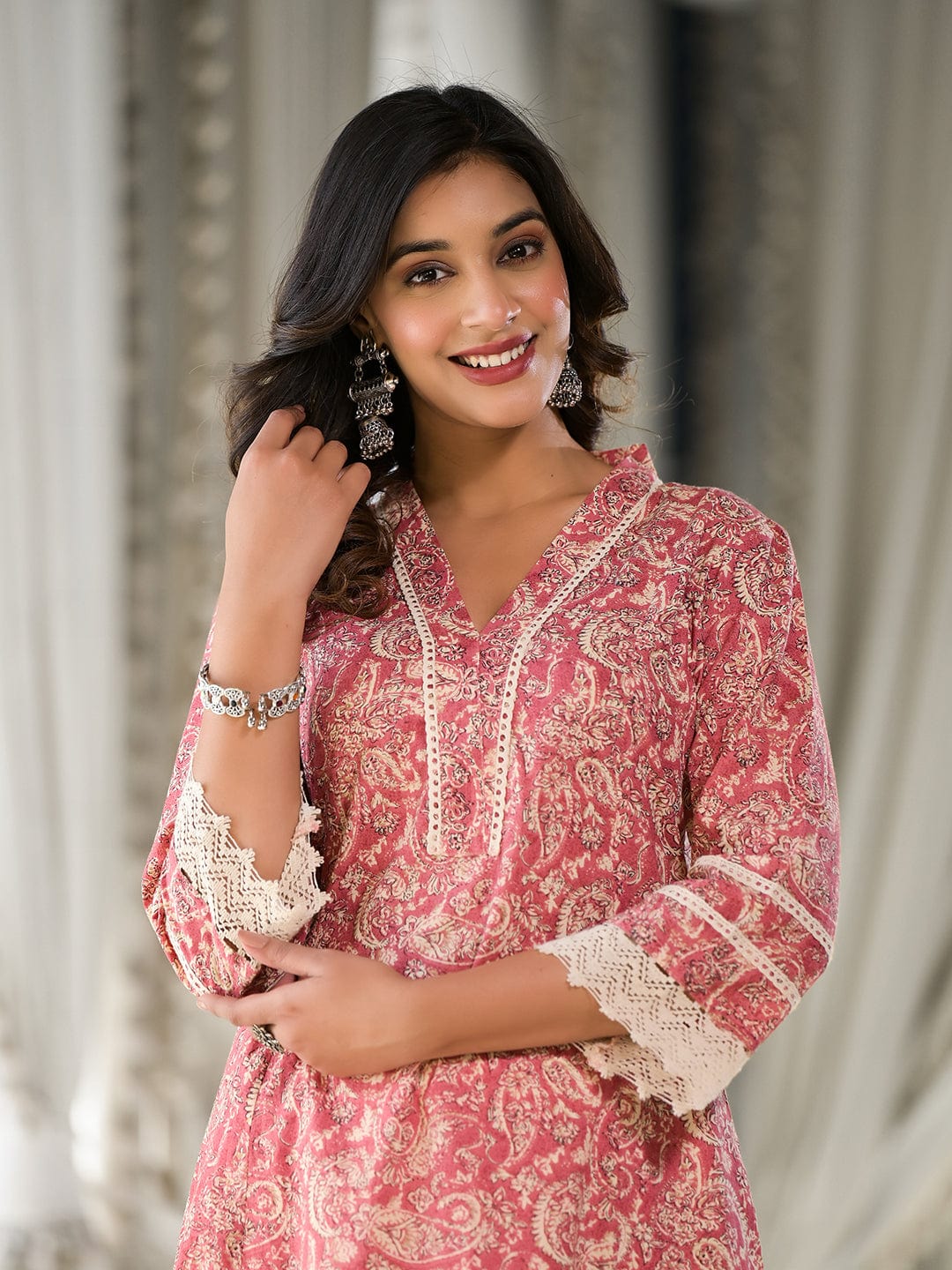 Varanga Women Peach Paisley Printed Lace Embellished  A-Line Kurta