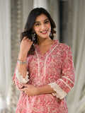 Varanga Women Peach Paisley Printed Lace Embellished  A-Line Kurta