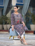 Varanga Women Blue And Beige Abstract Printed Kurta With Gota Work On Yoke And 3/4Th Sleeves