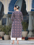 Varanga Women Blue And Beige Abstract Printed Kurta With Gota Work On Yoke And 3/4Th Sleeves