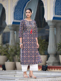 Varanga Women Blue And Beige Abstract Printed Kurta With Gota Work On Yoke And 3/4Th Sleeves