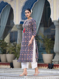 Varanga Women Blue And Beige Abstract Printed Kurta With Gota Work On Yoke And 3/4Th Sleeves
