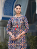 Varanga Women Blue And Beige Abstract Printed Kurta With Gota Work On Yoke And 3/4Th Sleeves
