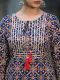 Varanga Women Blue And Beige Abstract Printed Kurta With Gota Work On Yoke And 3/4Th Sleeves