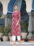 Varanga Women Maroon Floral Printed Straight Kurta With Side Slits