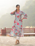 Varanga Women Sea Green Floral Printed Straight Kurta With 3/4Th Bell Sleeve.