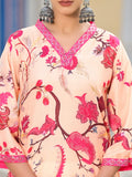 Varanga Women Mustard Floral Printed Kurta With V-Neck And Three Quarter Bell Sleeves
