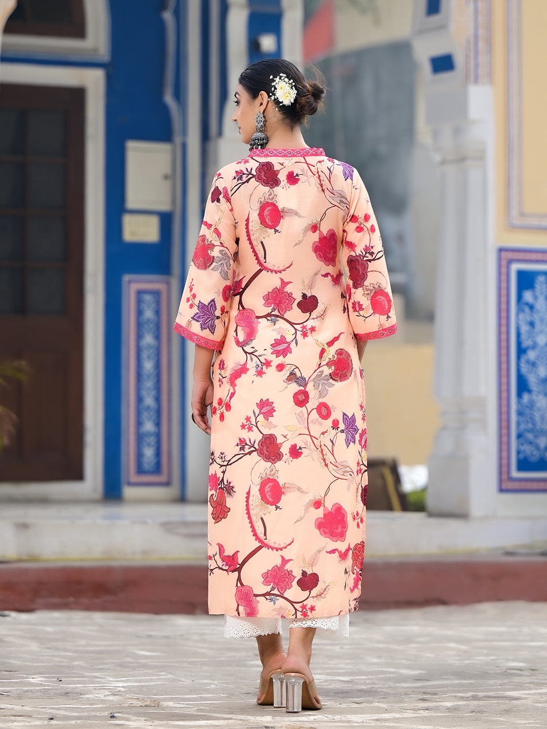 Varanga Women Mustard Floral Printed Kurta With V-Neck And Three Quarter Bell Sleeves