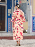 Varanga Women Mustard Floral Printed Kurta With V-Neck And Three Quarter Bell Sleeves
