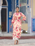Varanga Women Mustard Floral Printed Kurta With V-Neck And Three Quarter Bell Sleeves