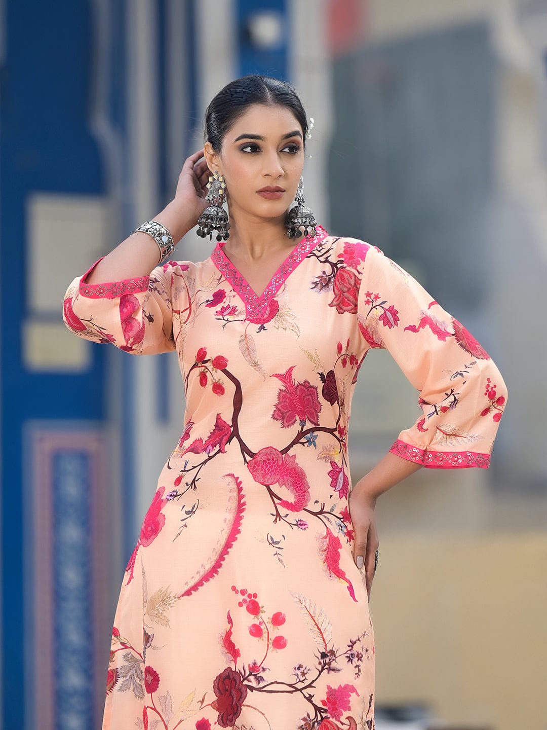 Varanga Women Mustard Floral Printed Kurta With V-Neck And Three Quarter Bell Sleeves