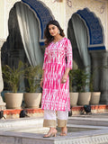 Varanga Women Pink Shibori Straight Kurta With Embellished Round Neck Js Vkur1028