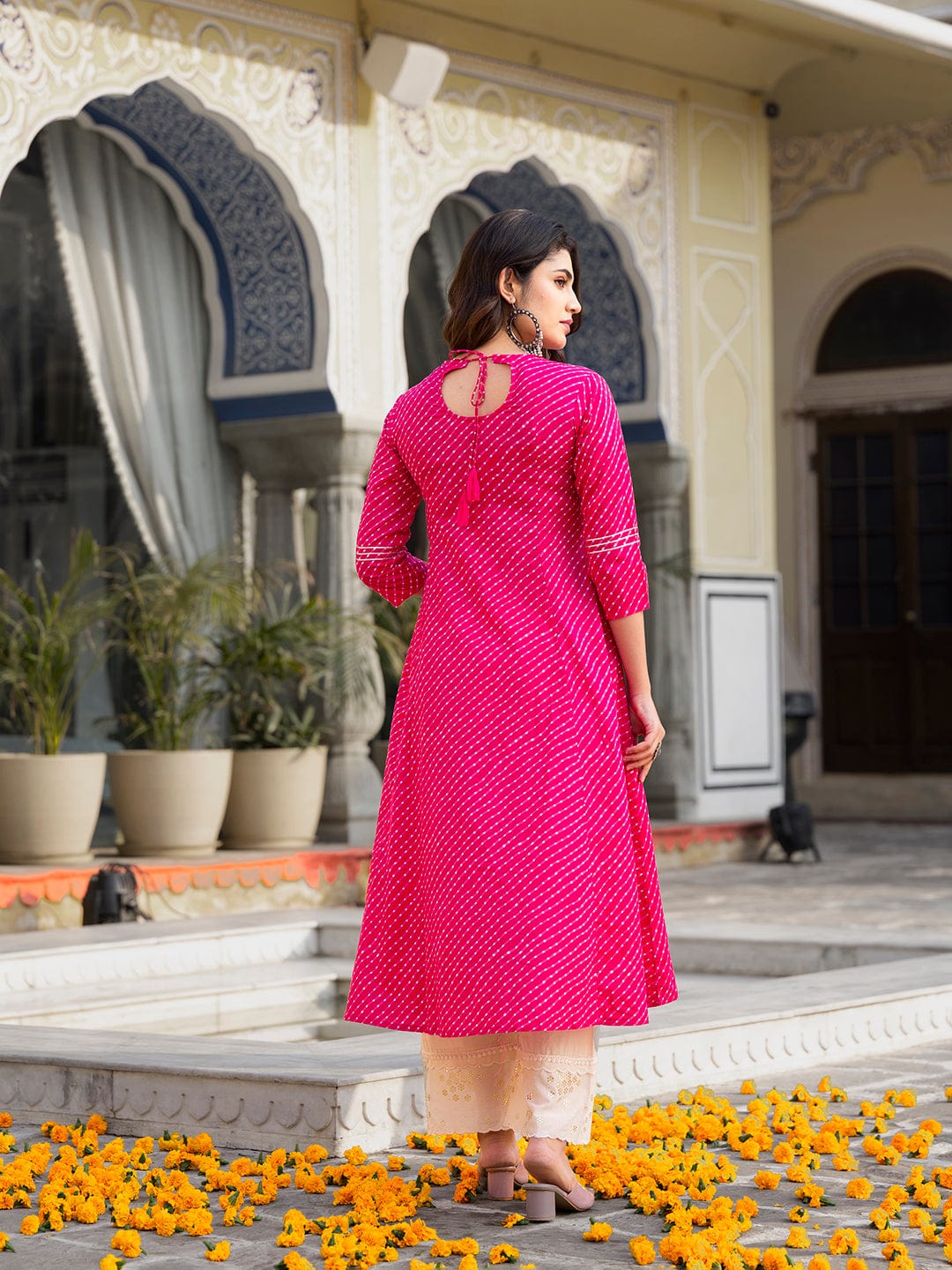 Varanga Women Pink & White Leheriya Printed Angrakha Kurta With Embroidery