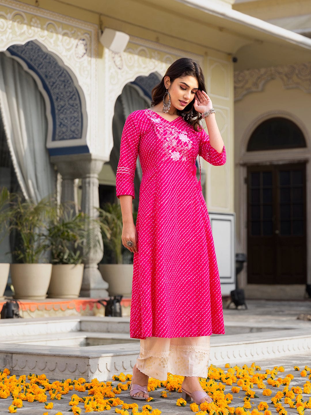 Varanga Women Pink & White Leheriya Printed Angrakha Kurta With Embroidery