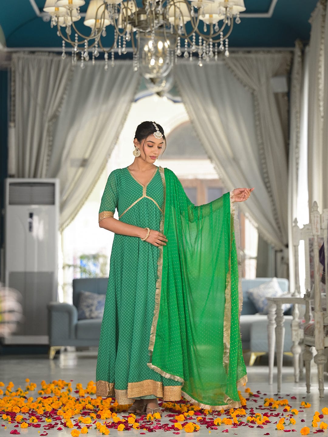 Varanga Green Bandhani Printed Anarkali Kurta Paired With Dupatta Js Vkur1315 Vardup1365