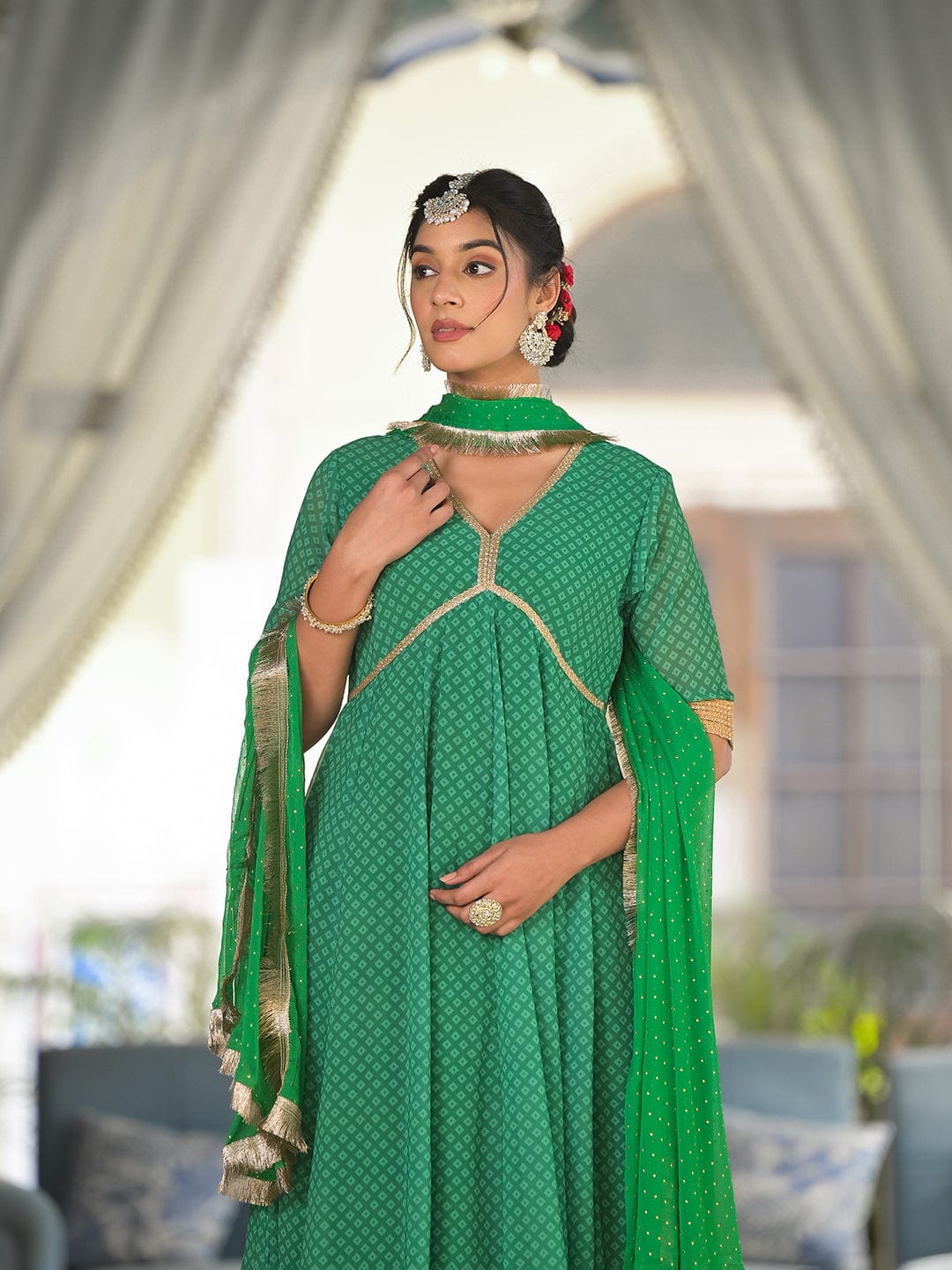 Varanga Green Bandhani Printed Anarkali Kurta Paired With Dupatta Js Vkur1315 Vardup1365