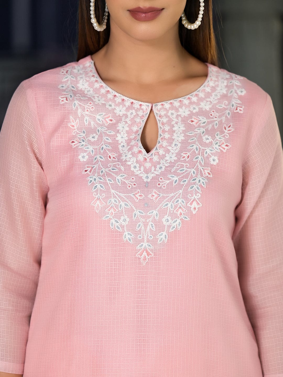 Varanga Women Pink Kota Check Thread Embroidered Kurta With Tonal Solid  Bottom And  Net Self Embroidered Dupatta