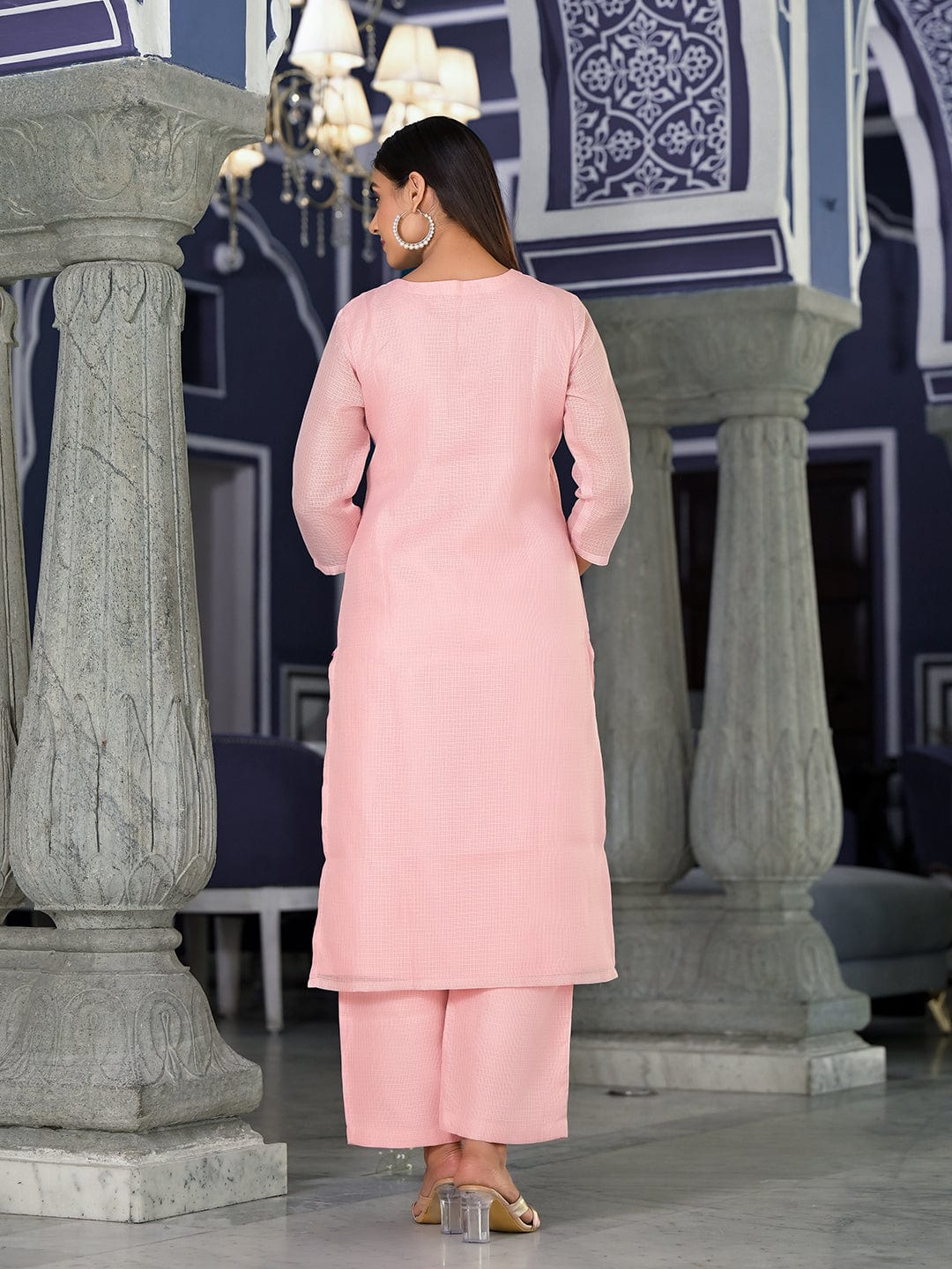 Varanga Women Pink Kota Check Thread Embroidered Kurta With Tonal Solid  Bottom And  Net Self Embroidered Dupatta