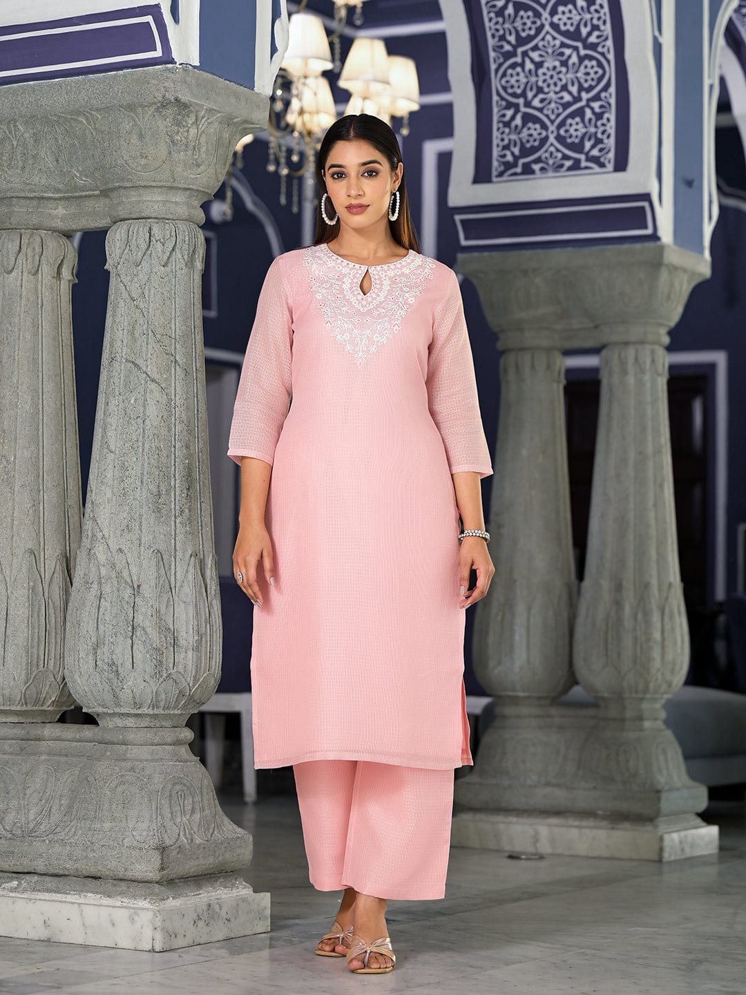 Varanga Women Pink Kota Check Thread Embroidered Kurta With Tonal Solid  Bottom And  Net Self Embroidered Dupatta
