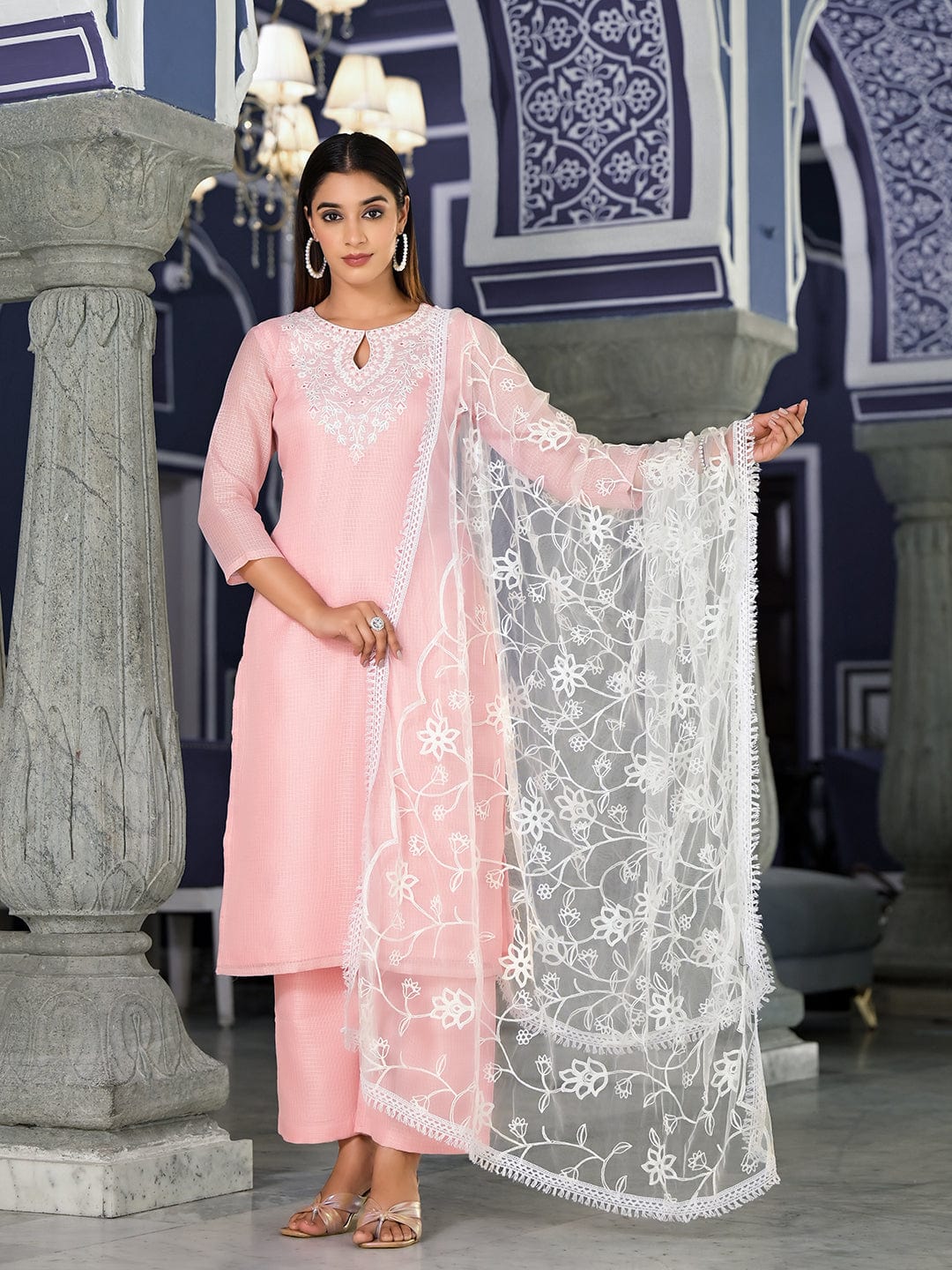 Varanga Women Pink Kota Check Thread Embroidered Kurta With Tonal Solid  Bottom And  Net Self Embroidered Dupatta